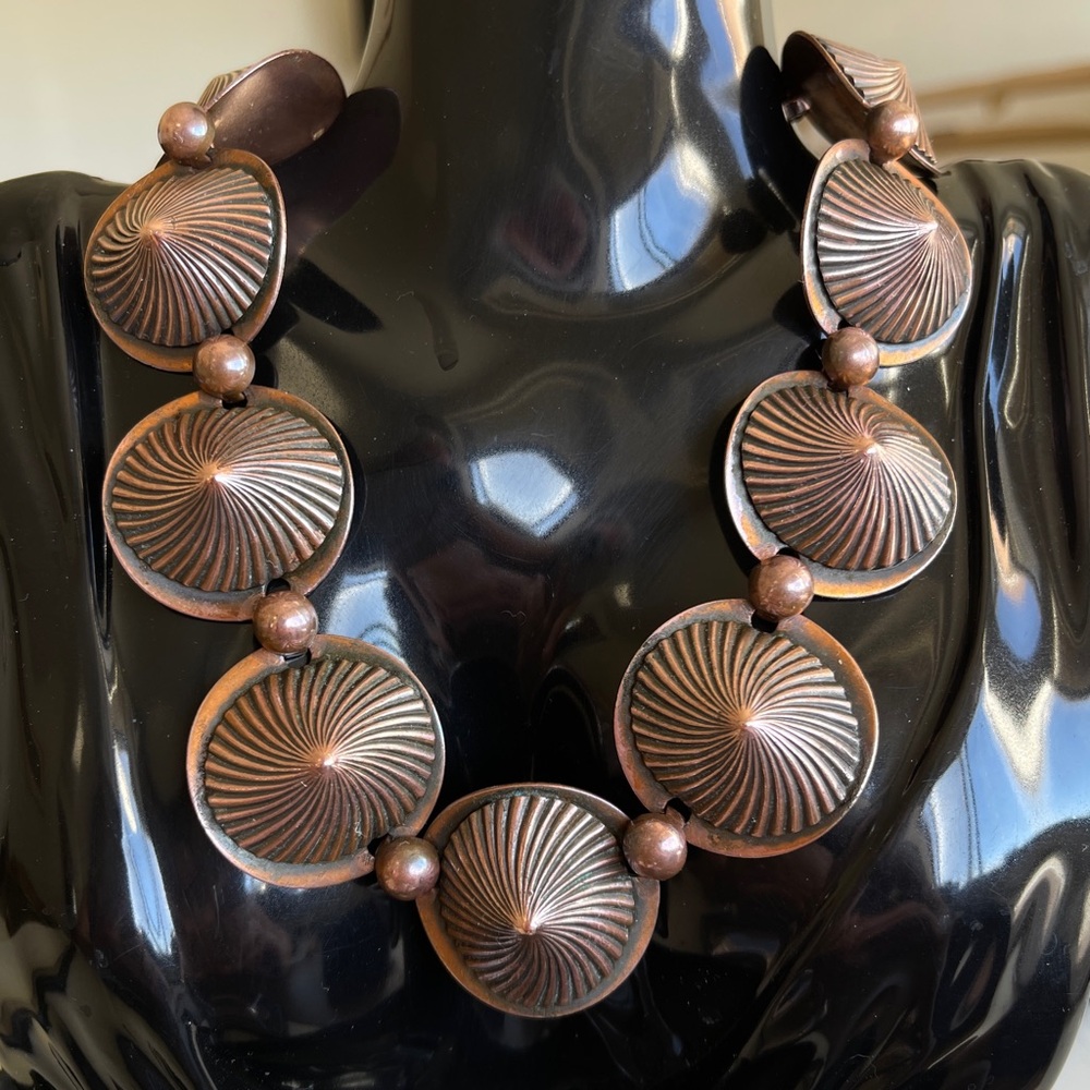 Amazing Large Modernist Spiral Domed Conical Copper Choker Necklace